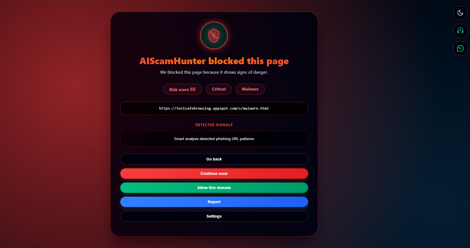 AIScamHunter blocking a phishing crypto airdrop scam